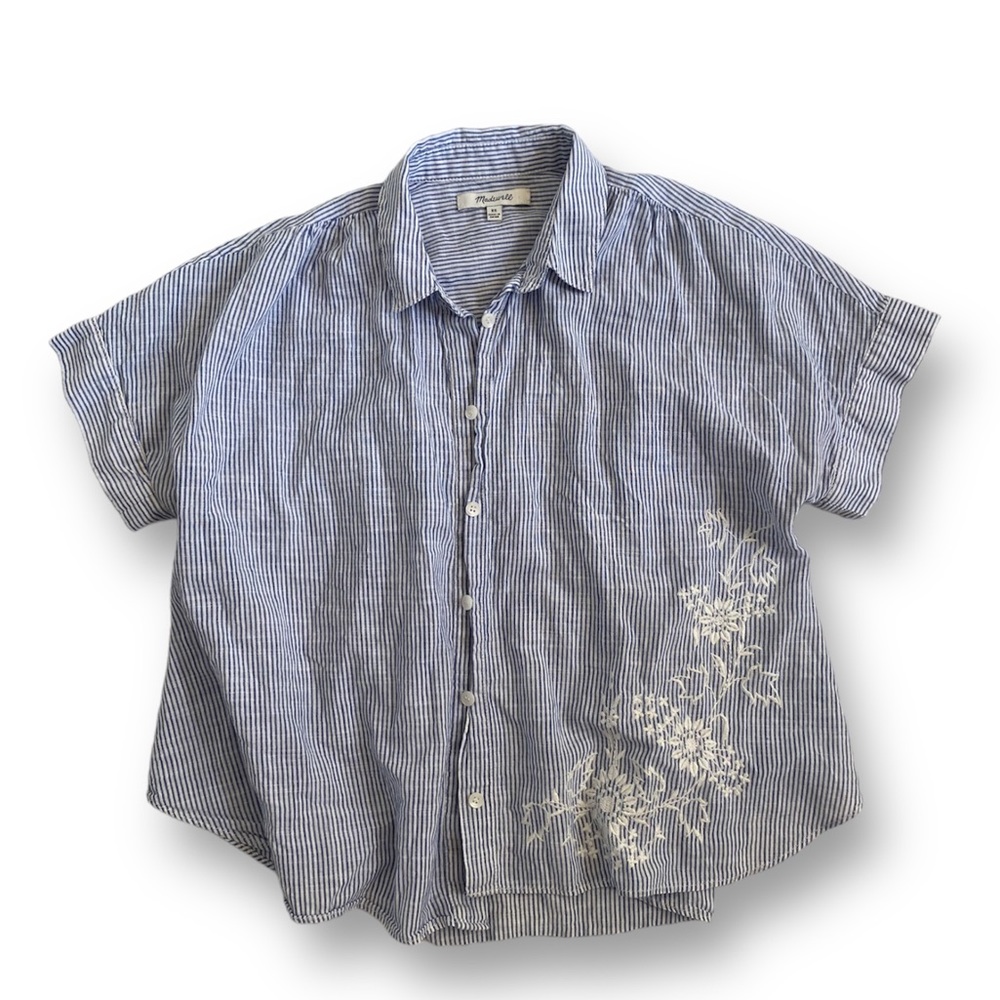 Madewell Button Down Flowy Short Sleeve Flower and Stripe Top